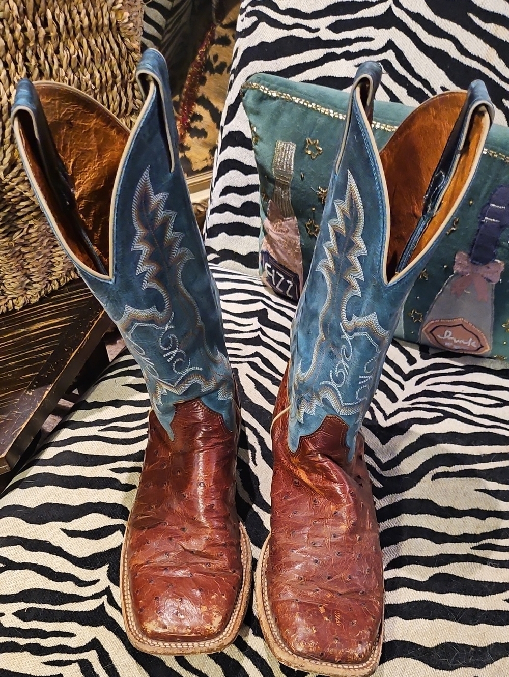 Justin Men's Ostrich Two-Tone Brown & Blue Western Cowboy Boots 8.5D